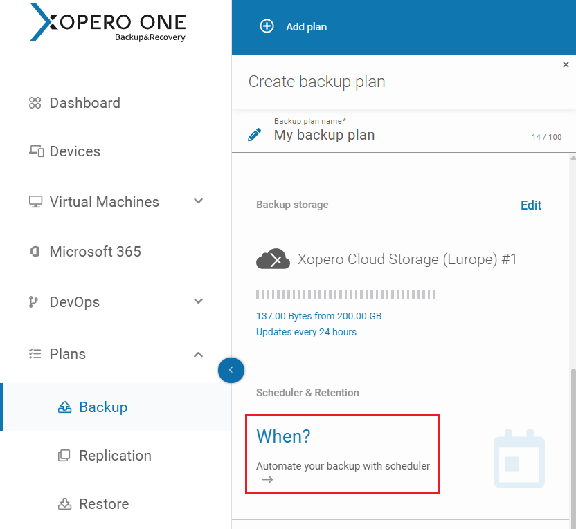 Accessing backup scheduler settings in Xopero ONE