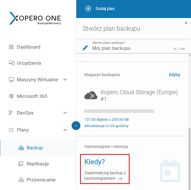 Uzyskiwanie dostępu do opcji harmonogramu backupu w Xopero ONE
