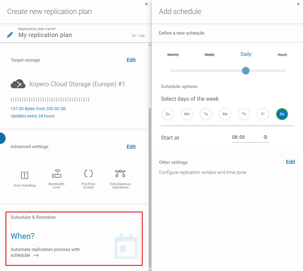Accessing scheduler settings in a replication plan wizard in Xopero ONE Backup&Recovery