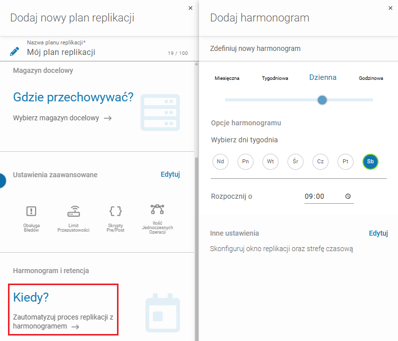 Korzystanie z harmonogramu w przypadku zadania replikacji kopii zapasowej w Xopero ONE
