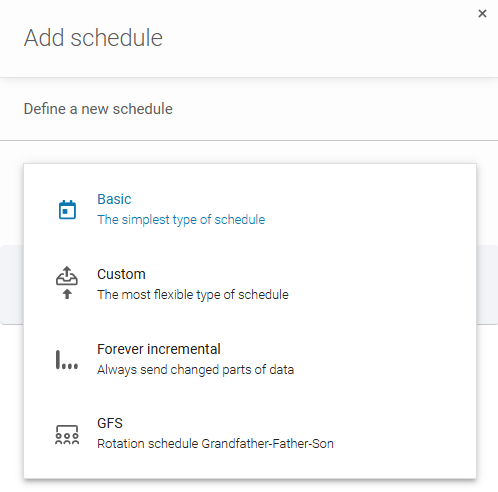 Choosing backup schedule type in Xopero ONE Backup&Recovery