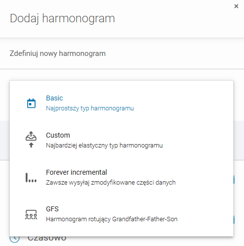Wybór typu harmonogramu kopii zapasowej w Xopero ONE Backup&Recovery