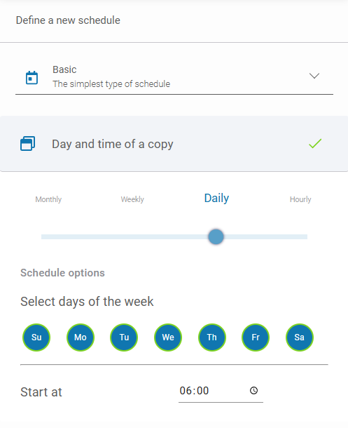 Configuring date and time settings for basic backup schemes in Xopero ONE
