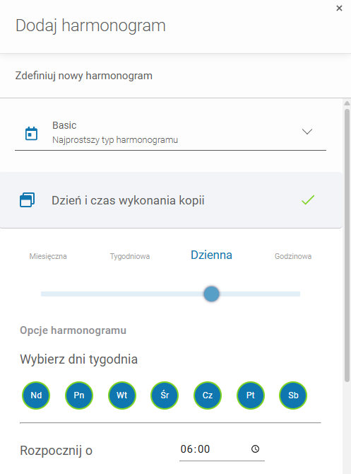 Konfiguracja ustawień daty i czasu dla prostych schematów backupu w Xopero ONE