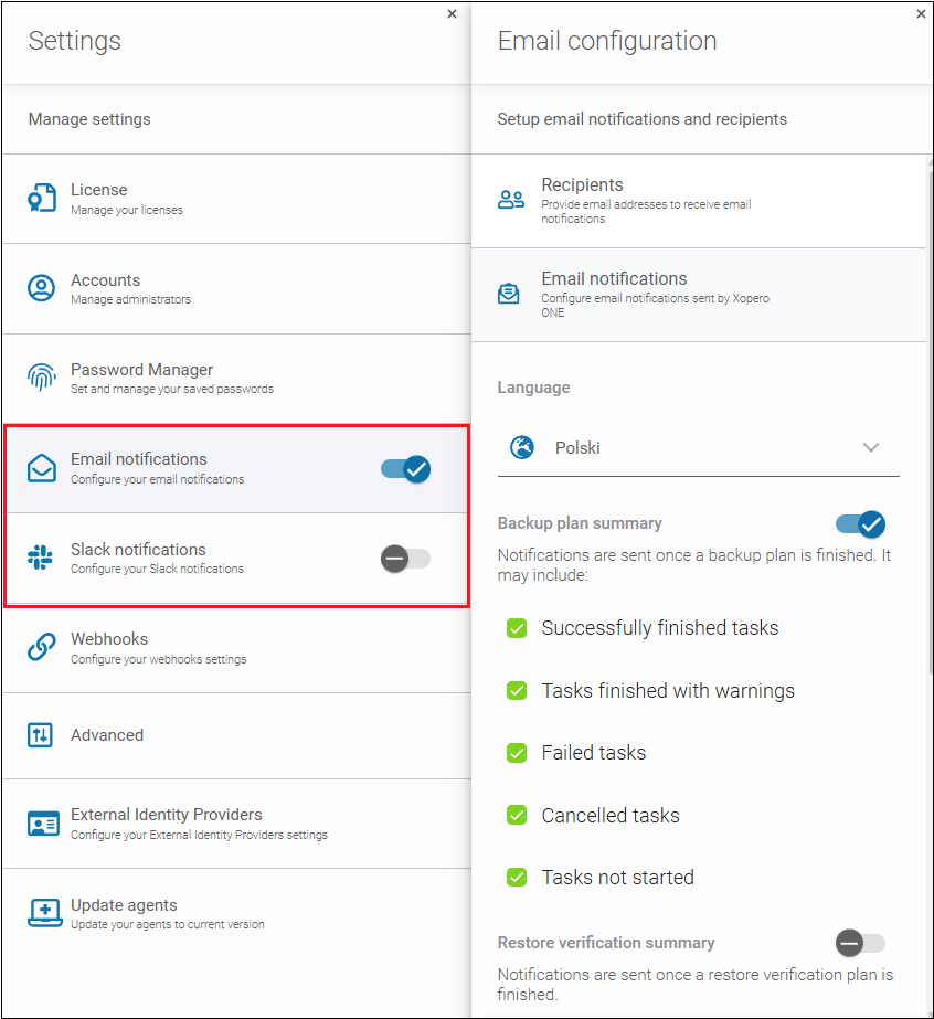 Konfiguracja powiadomień email i Slack w ustawieniach programu Xopero ONE.