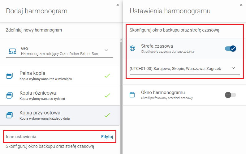 Konfiguracja ustawień strefy czasowej harmonogramu kopii zapasowej w Xopero ONE