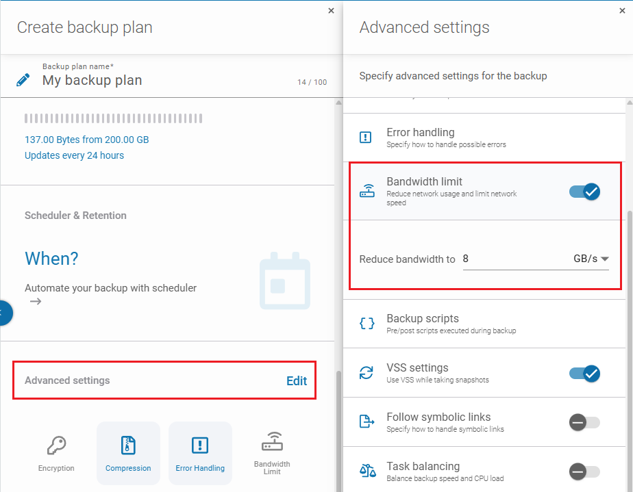 Limiting network bandwidth for backup jobs in Xopero ONE