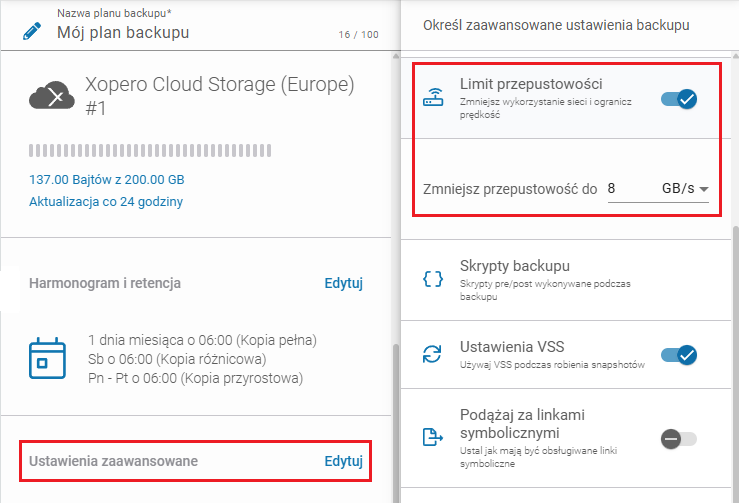 Ograniczanie przepustowości sieci dla zadań kopii zapasowej w Xopero ONE