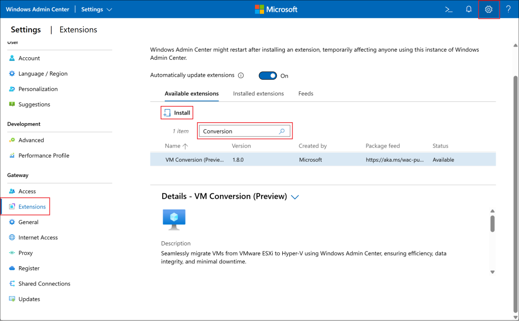 Steps to install the VM Conversion Extension in Windows Admin Center