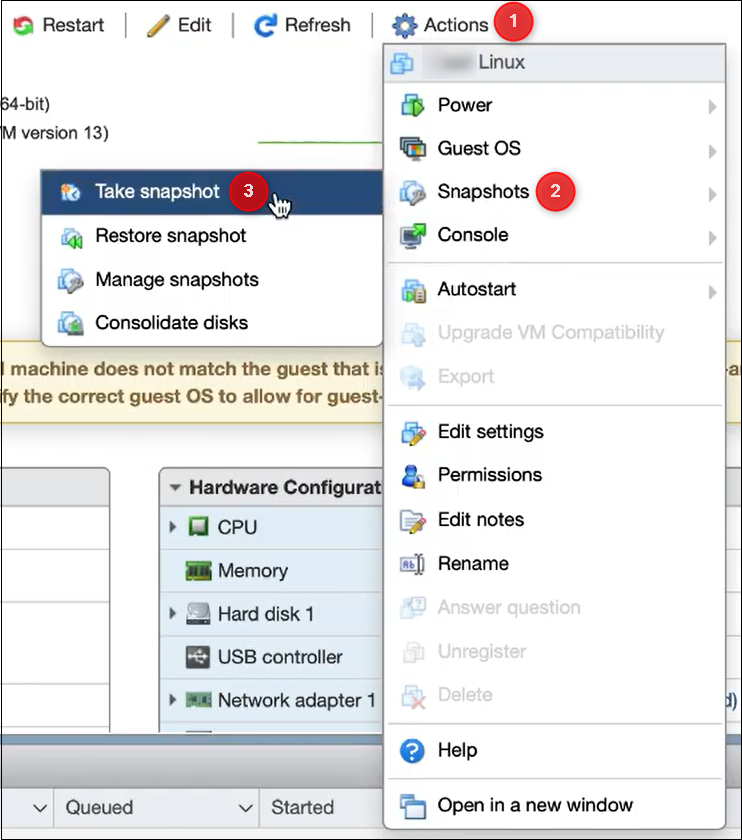 Steps to take a snapshot in VMware ESXi.