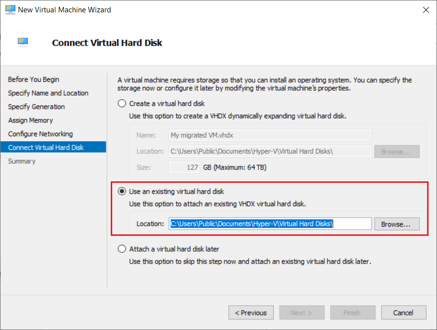 Using an existing virtual disk file to create a new Hyper-V VM in the New Virtual Machine Wizard of Hyper-V Manager