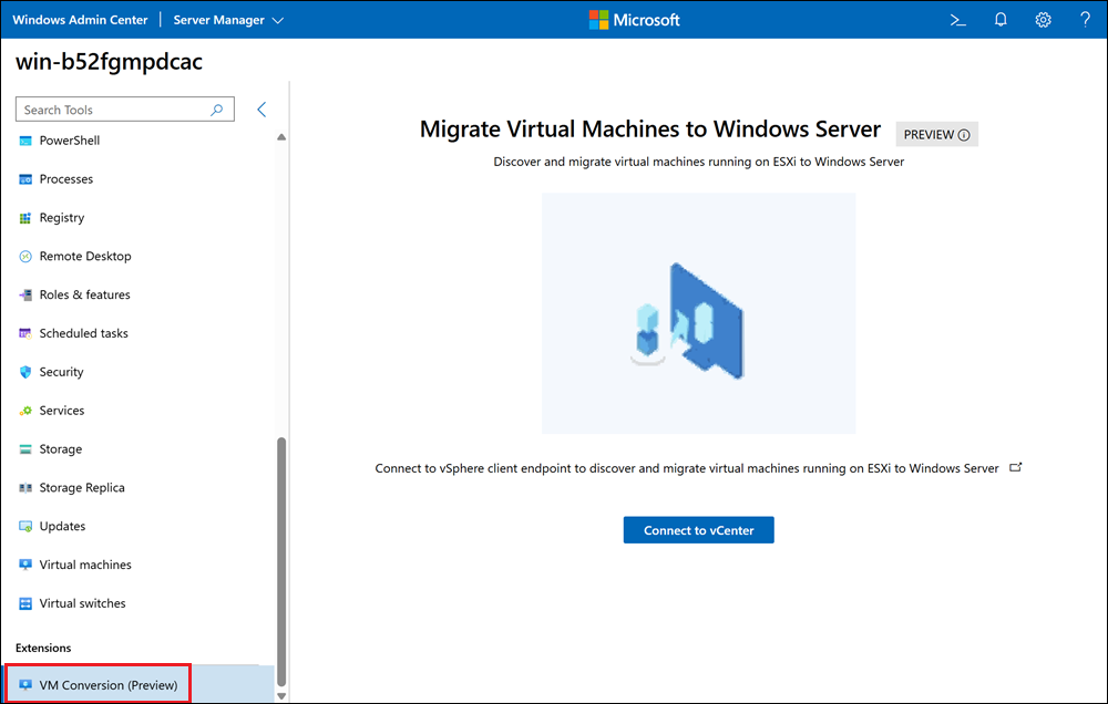 Accessing the VM Conversion Extension in Windows Admin Center