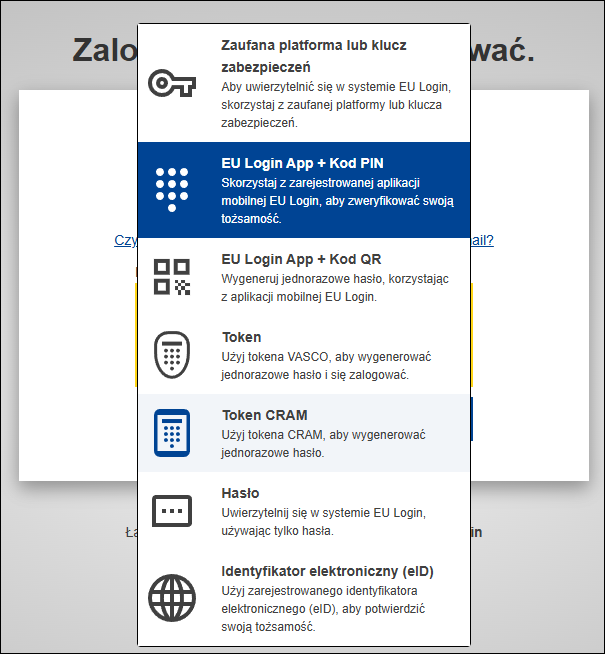 Wybór metody uwierzytelniania wieloskładnikowego podczas logowania na stronach instytucji UE z użyciem EU Login.