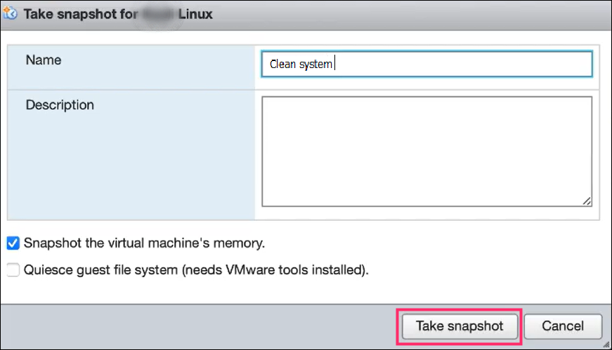 Naming and describing a VMware snapshot before taking it.