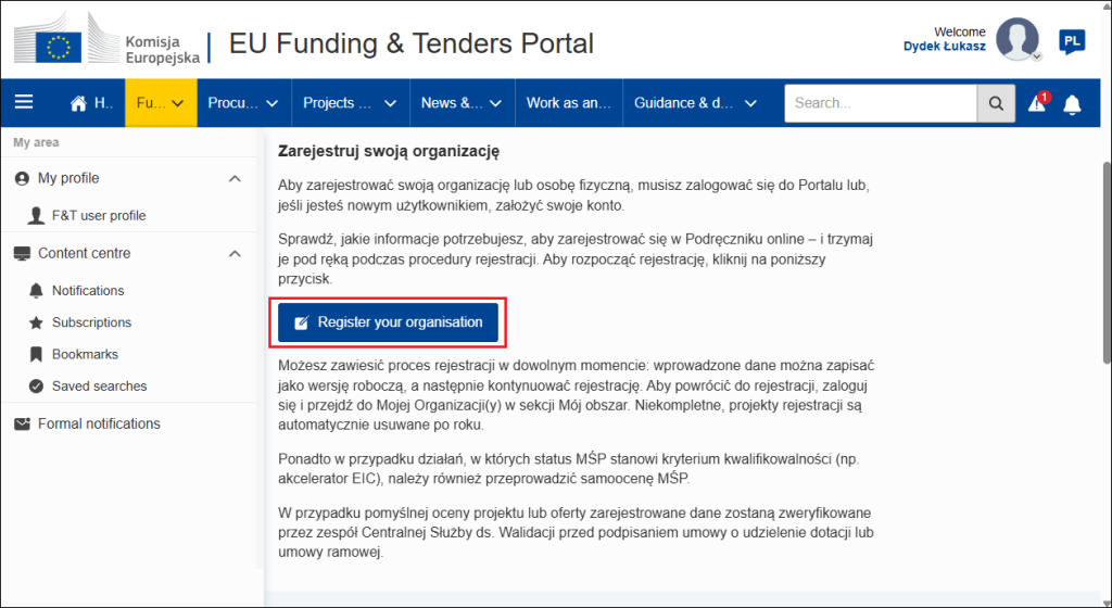 Przycisk Register your organization uruchamiający kreator rejestracji organizacji na portalu UE do obsługi wniosków o dofinansowanie.