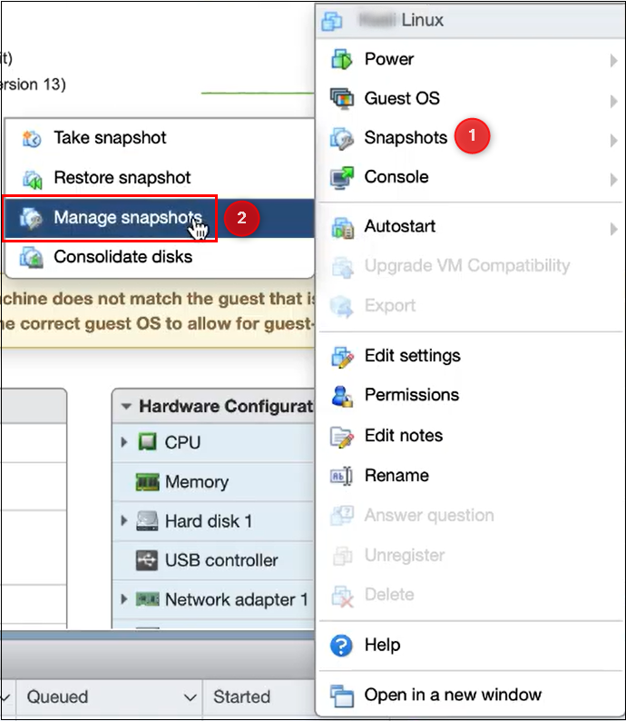 Steps to access Snapshot Manager in VMware ESXi.