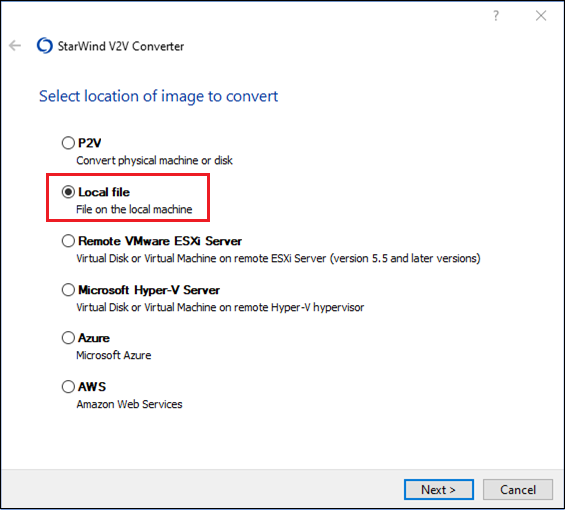 The local file VM migration option in StarWind V2V Converter
