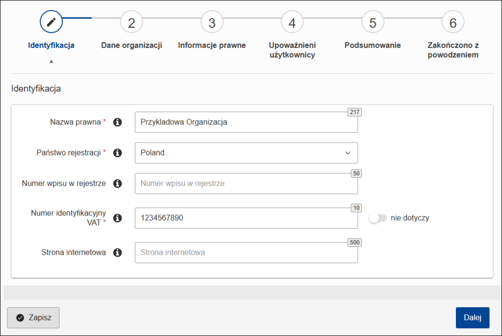 Kreator rejestracji organizacji w celu uzyskania numeru PIC umożliwiającego składanie wniosku o dofinansowanie ze środków unijnych.