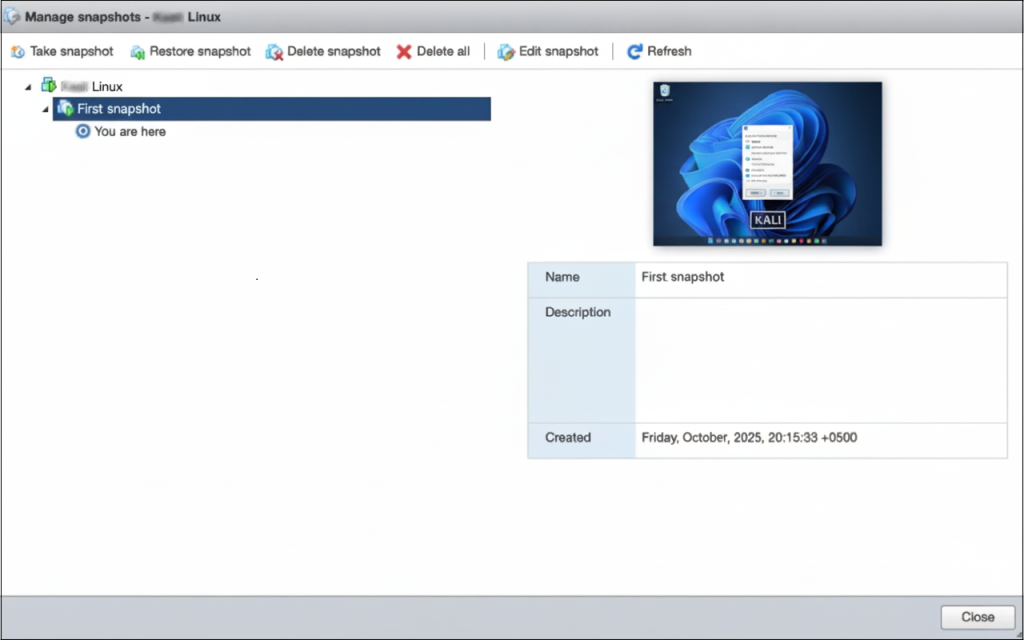 VMware ESXi Snapshot Manager window.