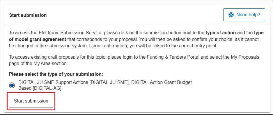Przycisk Start submission służący do uruchamiania kreatora wniosku o dofinansowanie.