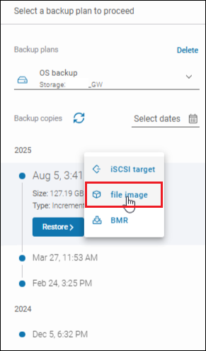 Choosing to restore backup as a file image in Xopero ONE
