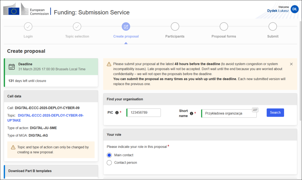 Krok Create proposal kreatora wniosku o dofinansowanie z projektów Komisji Europejskiej.