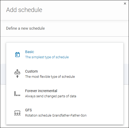 Drop-down menu with backup schedules in Xopero ONE Backup&Recovery