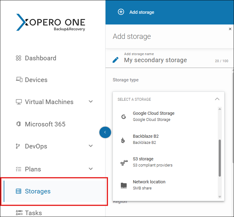 The Storages menu in Xopero One that lets you define backup locations.
