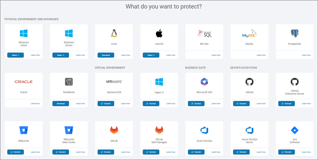 The tiles to choose environments you want to protect with Xopero ONE Backup&Recovery.