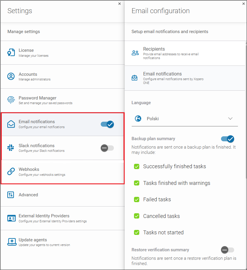 Email, Slack, and webhooks notification settings in Xopero ONE.