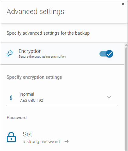 Backup encryption options in Xopero ONE, including encryption strength and password.