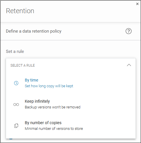 Retention settings in Xopero ONE - by time, keep indefinitely, and by the number of copies.