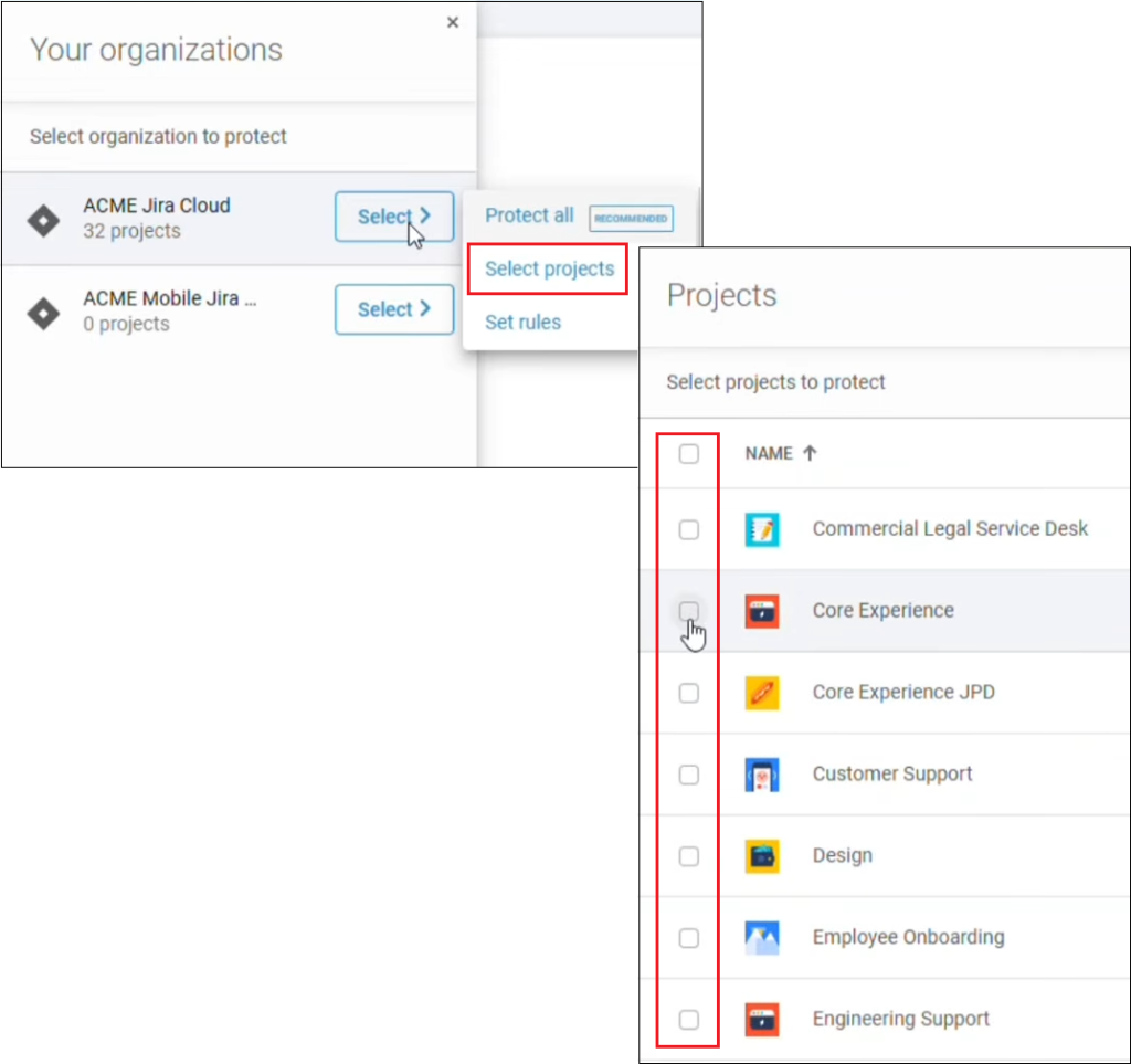 Jira granular backup - choosing desired Jira spaces (projects) in Xopero ONE Backup & Recovery