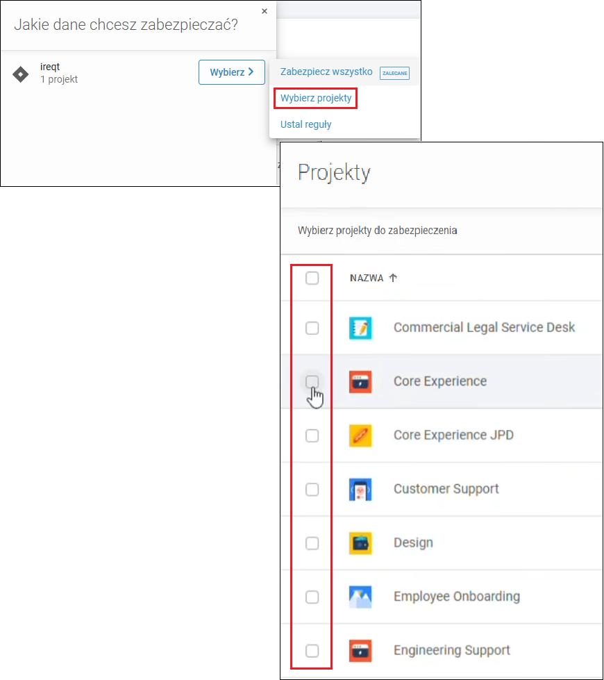 Granularny backup Jira - interfejs do wyboru backupowanych przestrzeni (projektów) w Jira w Xopero ONE Backup & Recovery