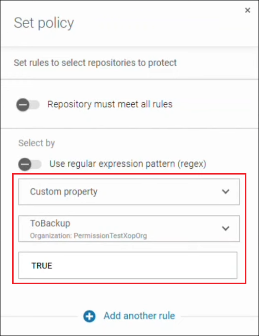 Settings for a GitHub repository selection rule in Xopero ONE that uses a custom property.