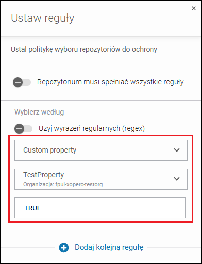Ustawienia reguły wyboru backupowanych repozytoriów GitHub, wykorzystującej custom property (właściwość niestandardową).
