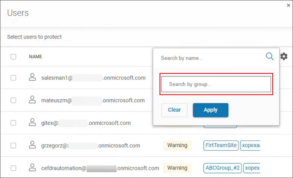 Searching for Microsoft 365 users to be backed up by M365 group name in Xopero ONE.