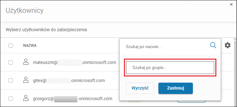 Wyszukiwanie użytkowników Microsoft 365 do uwzględnienia w kopii zapasowej według nazwy Grupy Microsoft 365 w Xopero ONE.