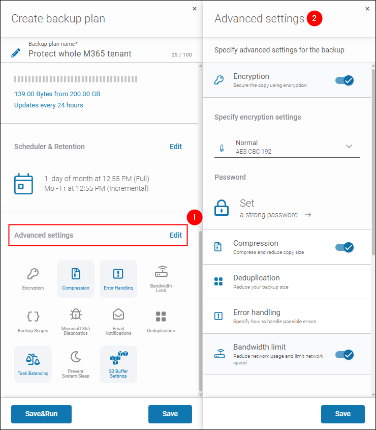 Setting up advanced features for the Microsoft 365 backup plan in Xopero ONE