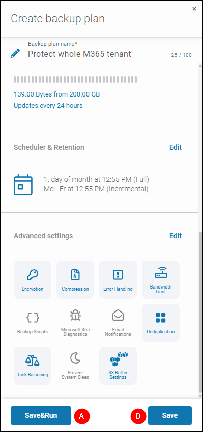 Saving and running Microsoft 365 backup plan in Xopero ONE