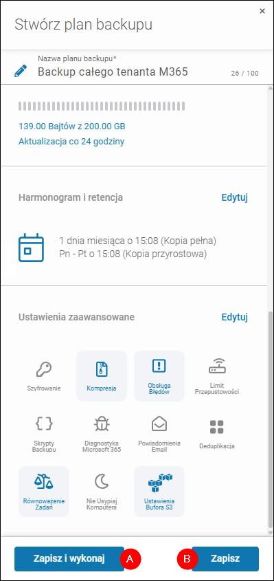 Zapisywanie i uruchamianie planu backupu Microsoft 365 w Xopero ONE