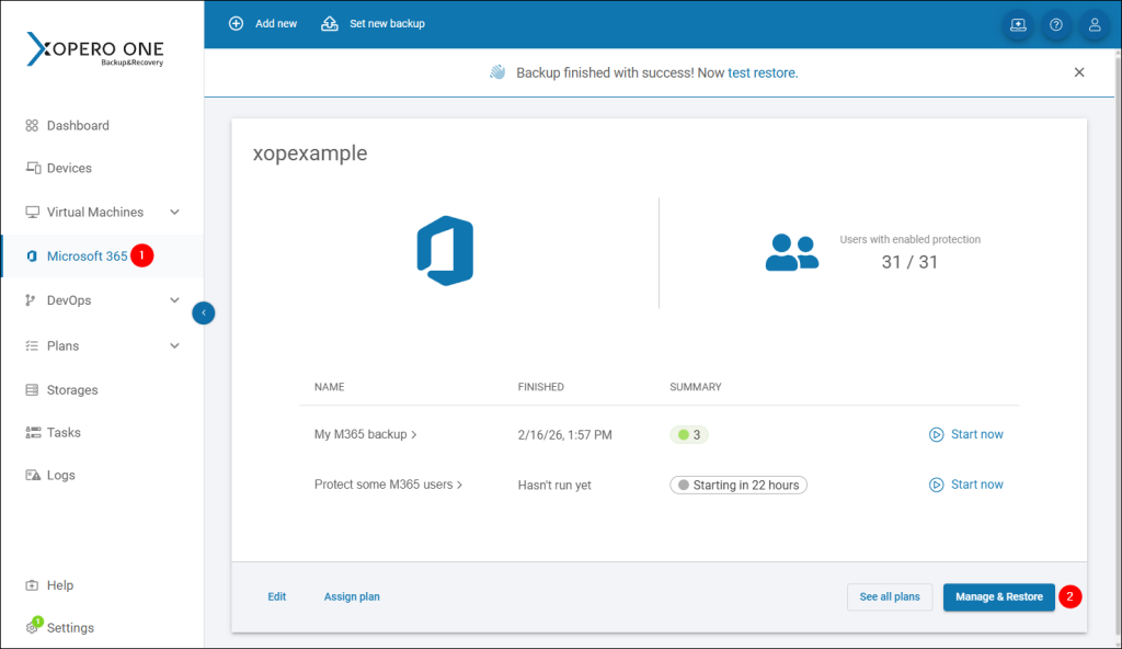 Accessing the granular restore feature in Xopero ONE for your Microsoft 365 backup plan