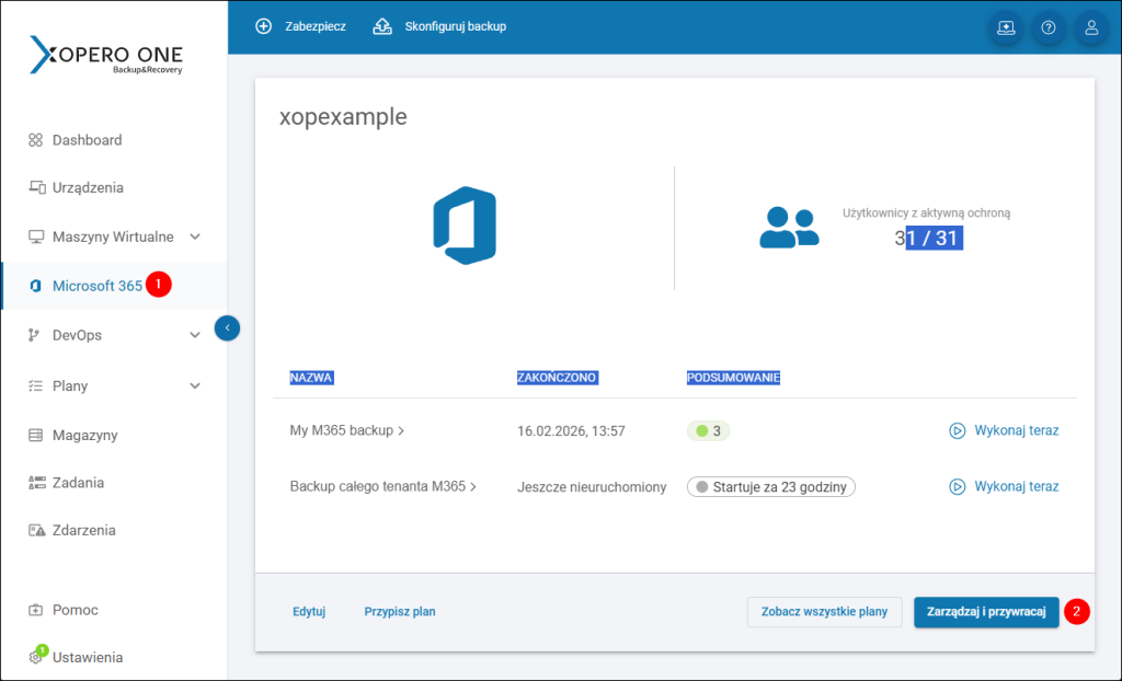 Uzyskiwanie dostępu do funkcji granularnego przywracania backupu Microsoft 365 w Xopero ONE