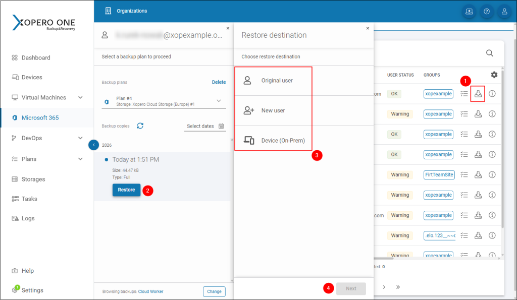 Completing the granular restore wizard steps in Xopero ONE to restore individual Microsoft 365 items