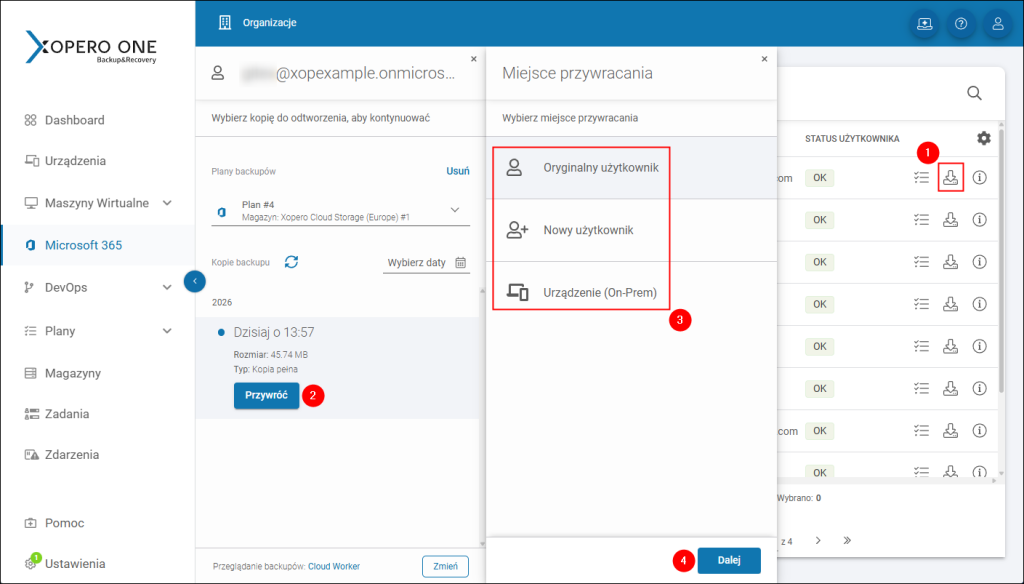 Kolejne kroki kreatora przywracania backupu Microsoft 365 w Xopero ONE
