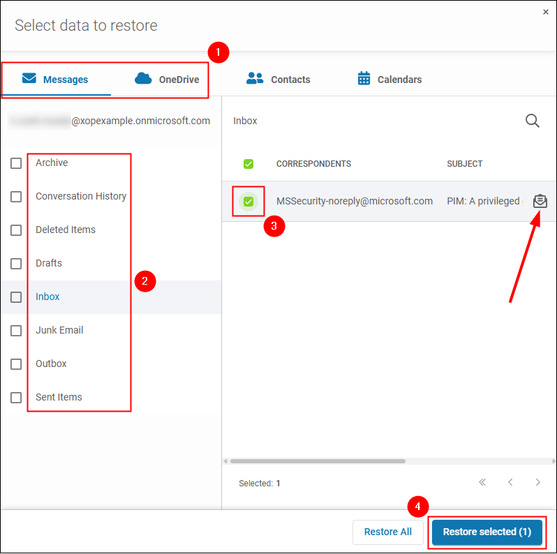 Browsing through individual items in a Microsoft 365 backup copy in Xopero ONE to choose the ones to restore