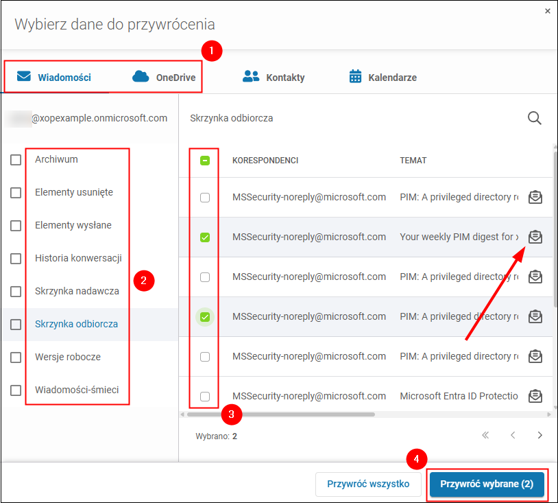 Przeglądanie elementów kopii zapasowej Microsoft 365 do przywrócenia w Xopero ONE