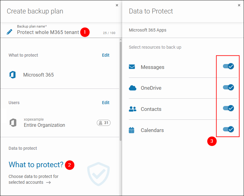 Choosing which Microsoft 365 apps to protect in Xopero ONE