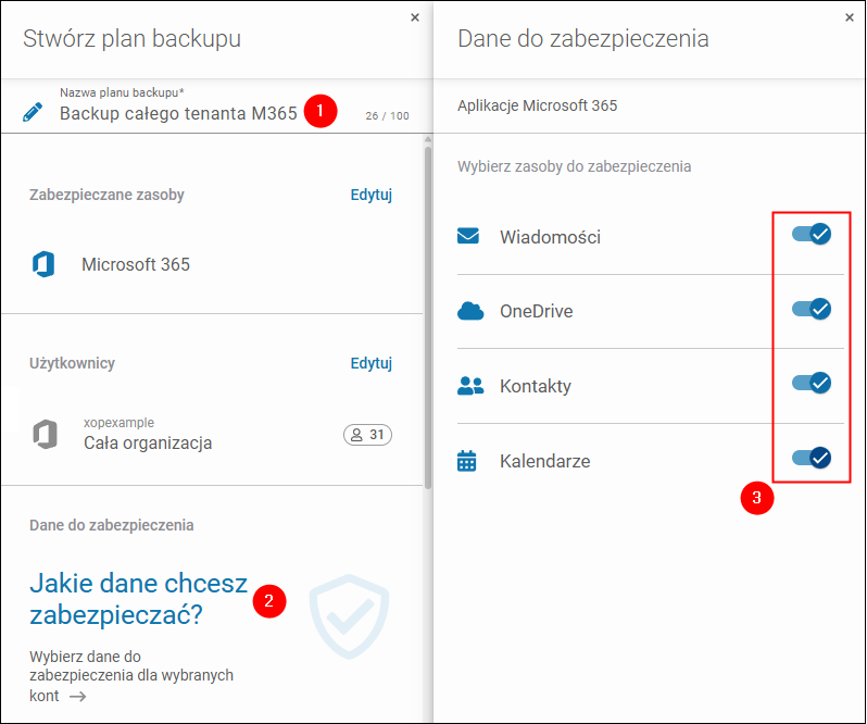 Wybór zabezpieczanych aplikacji Microsoft 365 w ramach planu backupu w Xopero ONE