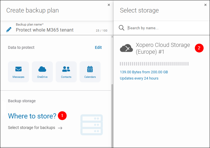 Selecting storage in Xopero ONE to save your Microsoft 365 backups
